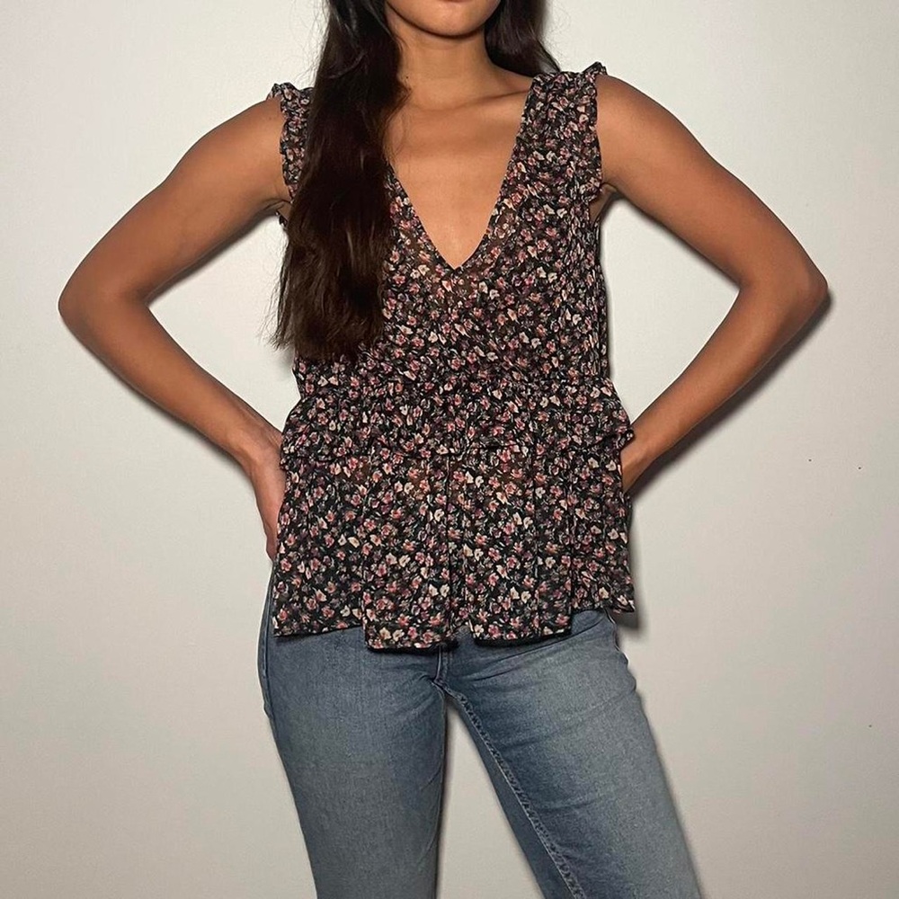American Eagle Sheer Floral Ruffle Sleeveless Blouse